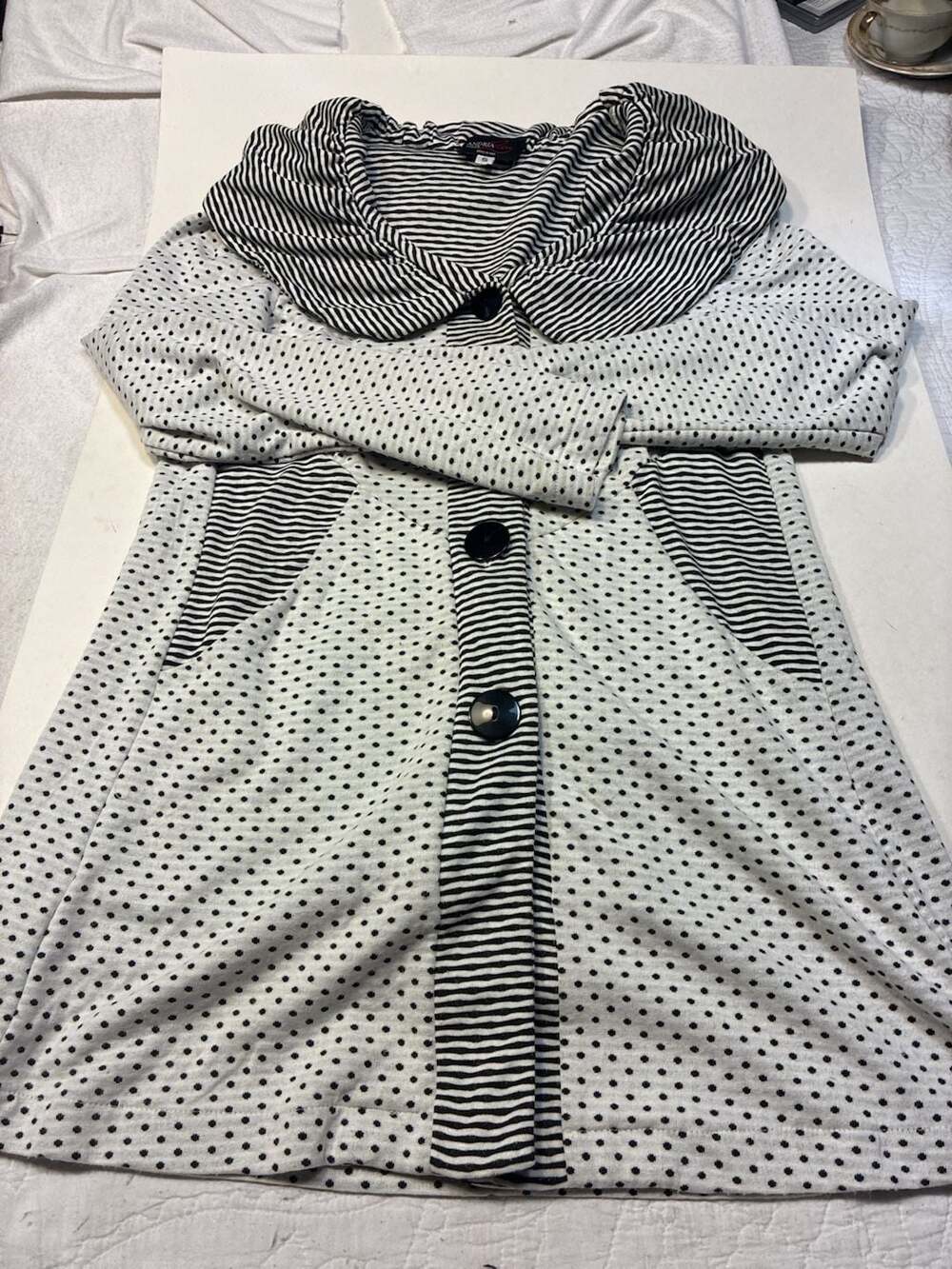 Andria Lieu Button Front Jacket Size S Black White Polka Dot Stripe